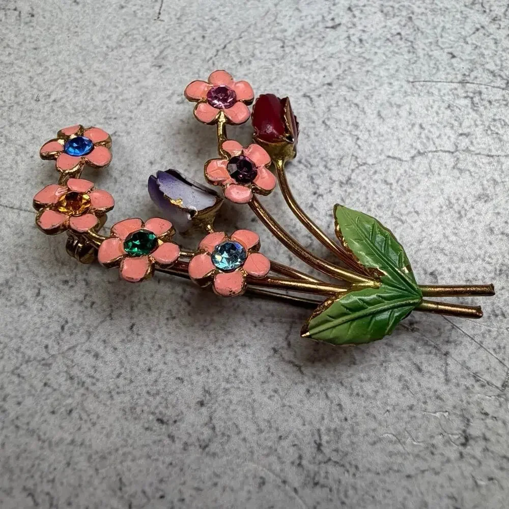 Vintage Austrian Hand Painted 60s Floral Bouquet Brooch Crystal